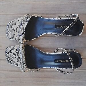 Mijili Snake Skin Print Short Block Heel Square Toe Slingback Strappy Sandals